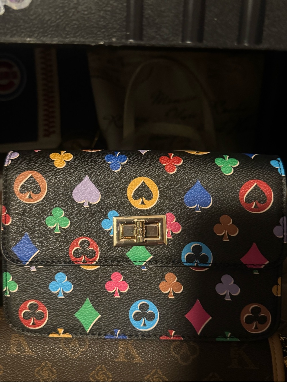 Black Multicolor Card Suit Print Shoulder Bag
